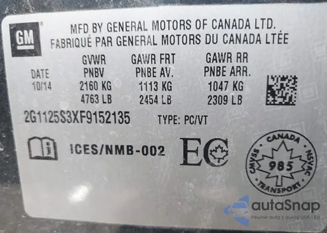 2015 Chevrolet Impala 2Lt from USA, damaged, VIN 2G1125S3XF9152135